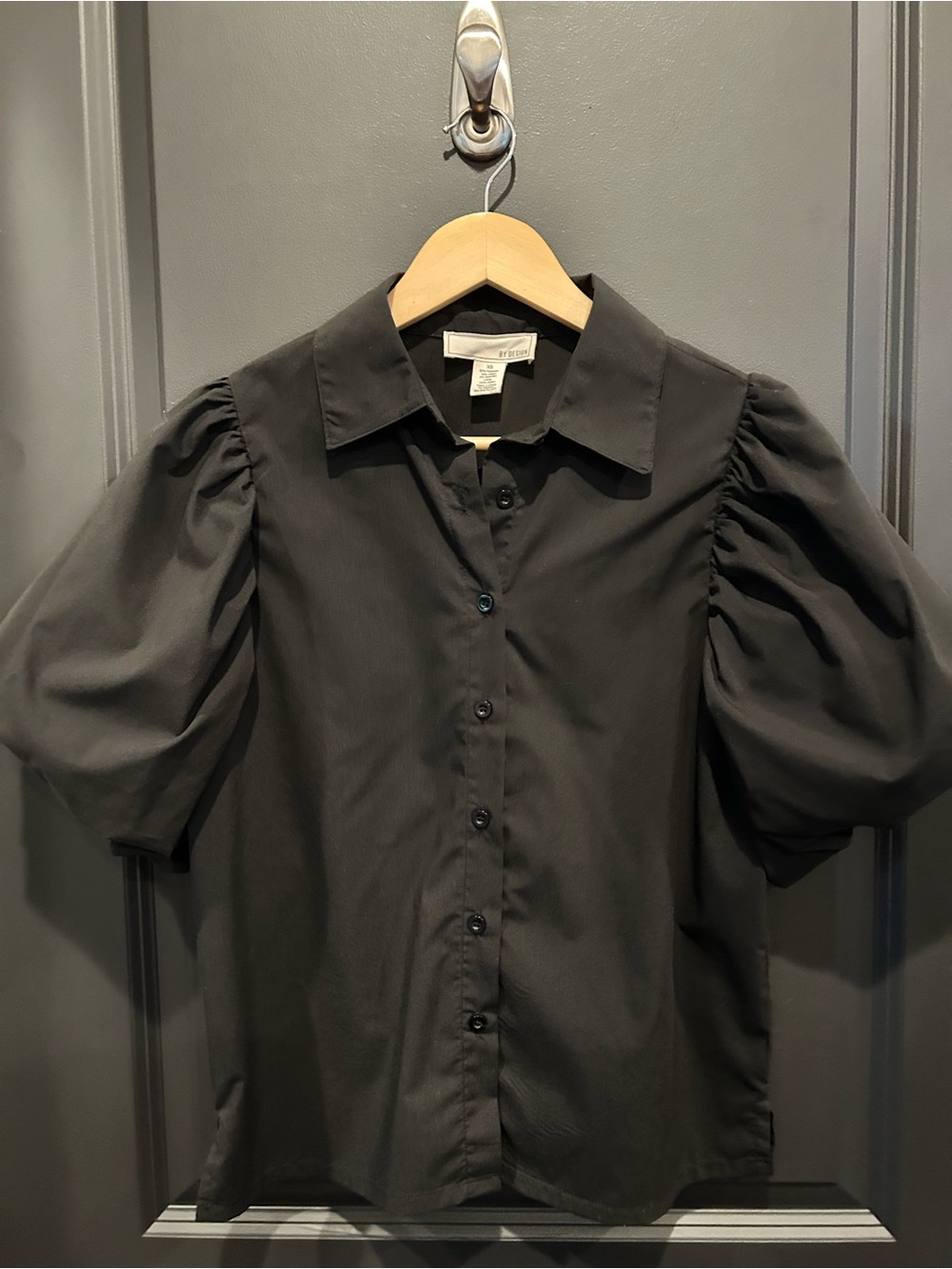 Puff Sleeve Button-Down Shirt - Black